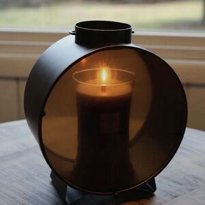 NIB Wood-wick aged bronze Candle Holder with Glass Enclosure
